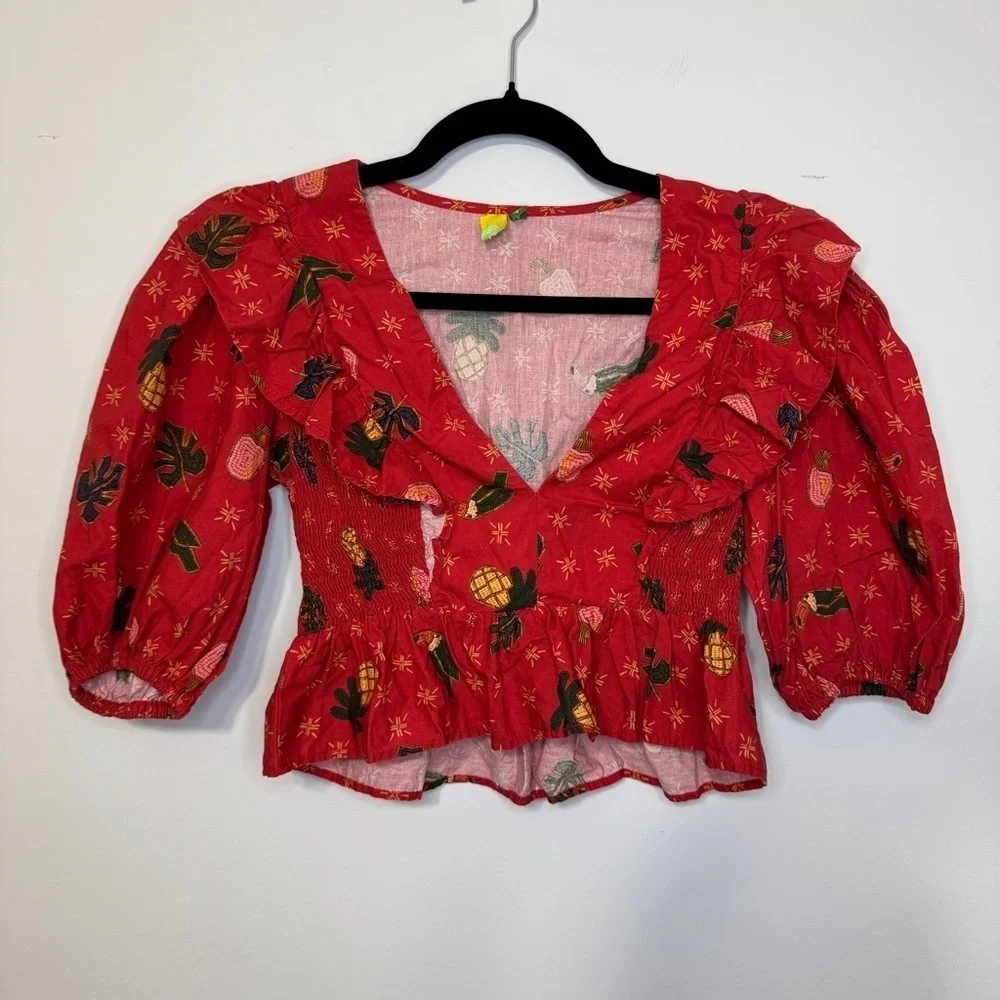 🍍 FARM Rio Red Tropical Print Ruffle Smocked Peplum Blouse (Size P / Small)